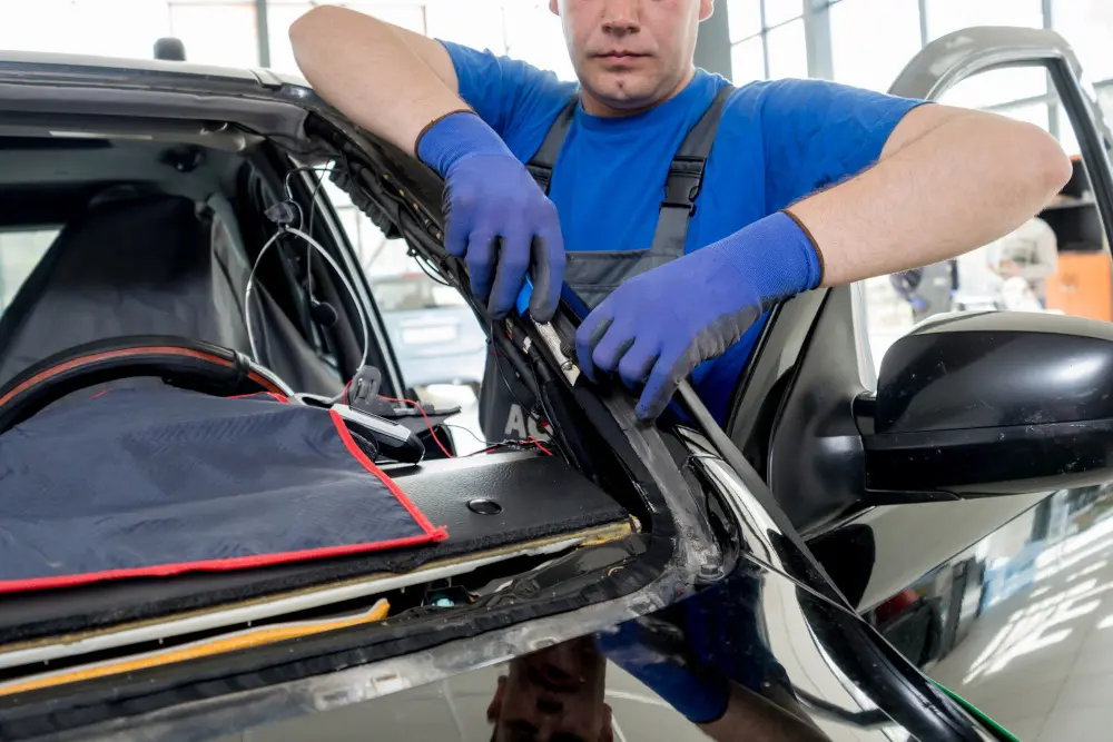 Technician working on car frame repair